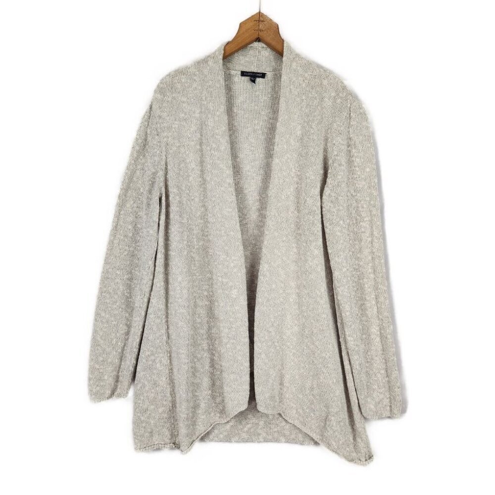 Eileen Fisher Open Front Cardigan Sweater Sz L Linen Blend Beige Knit Drape Hem